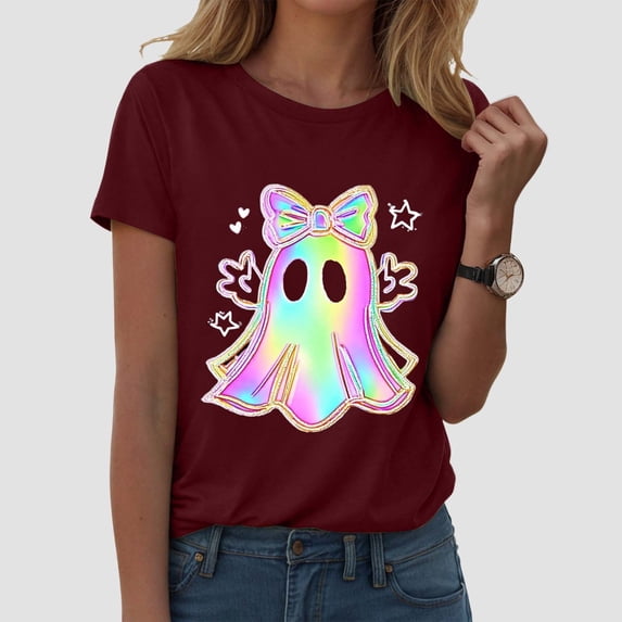 Graphic Tees for Women Halloween Graphic Short Sleeve Tee for Women Casual Round Neck Top Ideal for Summer Parties and by Seasonal Festivities Red L
