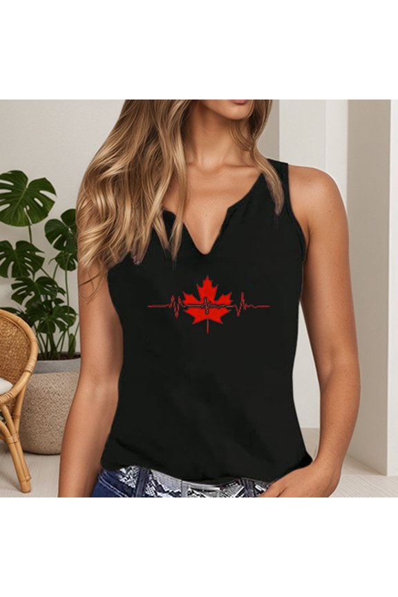 Graphic Tees for Women Modern Casual Sleeveless Round Neck Top for Everyday Wear with Stylish Maple Leaf Print Design for Women Black XXL