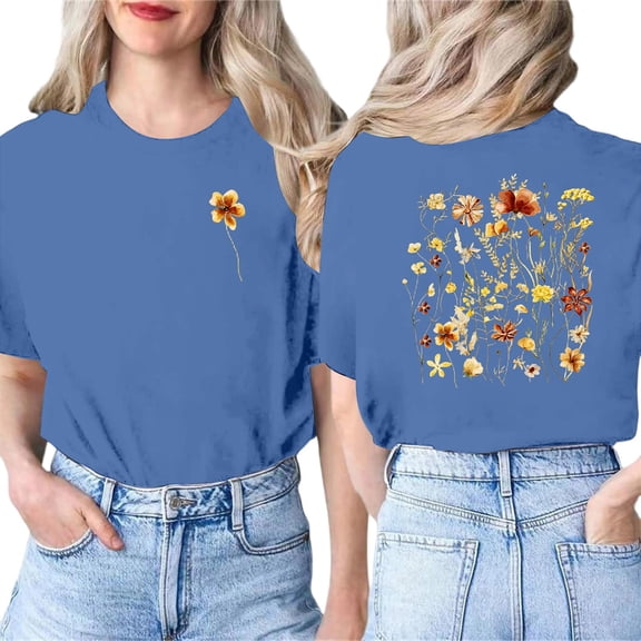 Graphic Tees for Women Summer Vintage Boho Wildflower Short Sleeve T Shirts Casual Round Neck Loose Fit Basic Tops