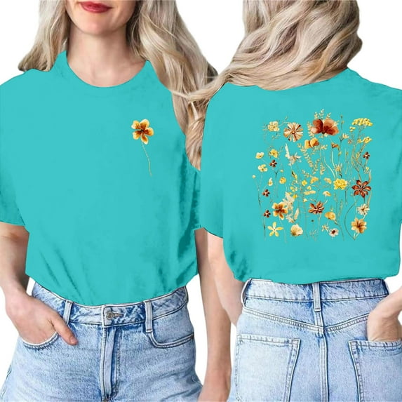 Graphic Tees for Women Summer Vintage Boho Wildflower Short Sleeve T Shirts Casual Round Neck Loose Fit Basic Tops