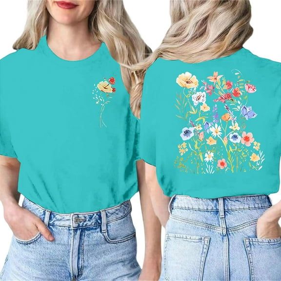 Graphic Tees for Women Summer Vintage Boho Wildflower Short Sleeve T Shirts Casual Round Neck Loose Fit Basic Tops