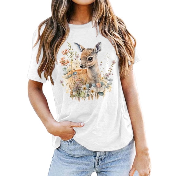 Graphic Tees for Women T-Shirt for Everyday casual Daily Wear Round Neck Deer Head Print Basic Top Women’s Short Sleeve Tee White S