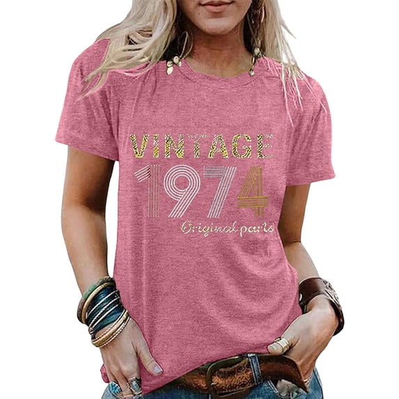 Graphic Tees for Women T-Shirt for Women 50th Birthday 1974 Letter Print Party Top Casual Short Sleeve Tee Pink L
