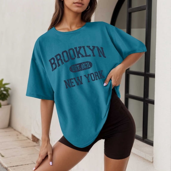 Graphic Tennis Tees for Women T-Shirts Casual Round Neck Short Sleeves Loose Fit Tee for Everyday Wear Blue XL