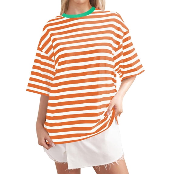 Graphic Tees for Women T-Shirts Casual Striped Round Neck Short Sleeve Tee for Spring Minimalist Comfort Wear Orange M
