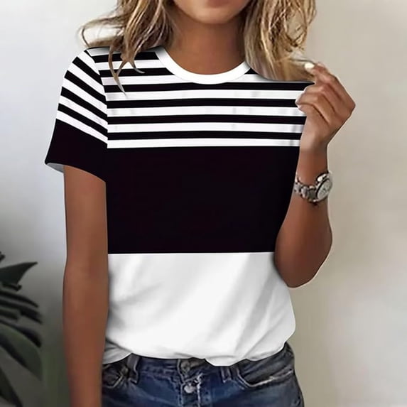 Graphic Tees for Women T-Shirts Casual Striped Top for Summer with Round Neck and Short Sleeves for Everyday Wear Black L