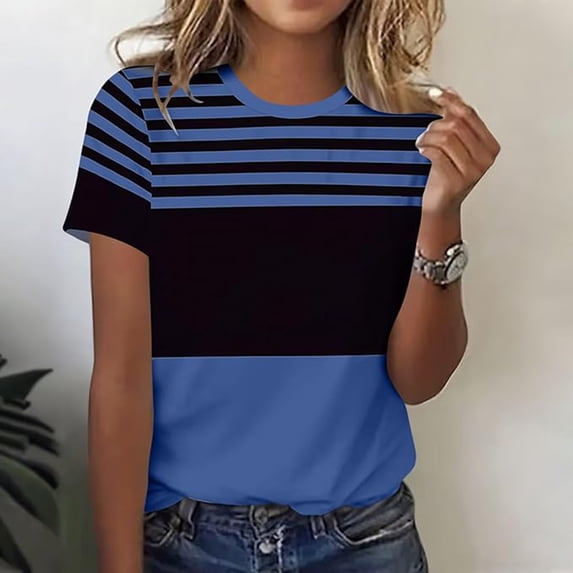 Graphic Tees for Women T-Shirts Casual Striped Top for Summer with Round Neck and Short Sleeves for Everyday Wear Blue XL
