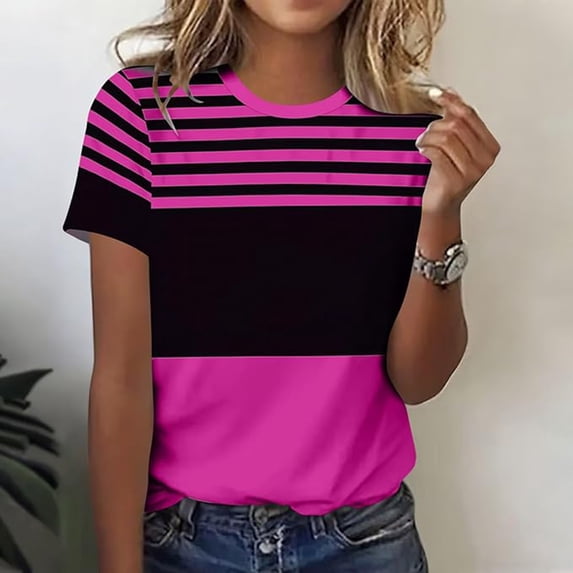 Graphic Tees for Women T-Shirts Casual Striped Top for Summer with Round Neck and Short Sleeves for Everyday Wear Pink 3XL