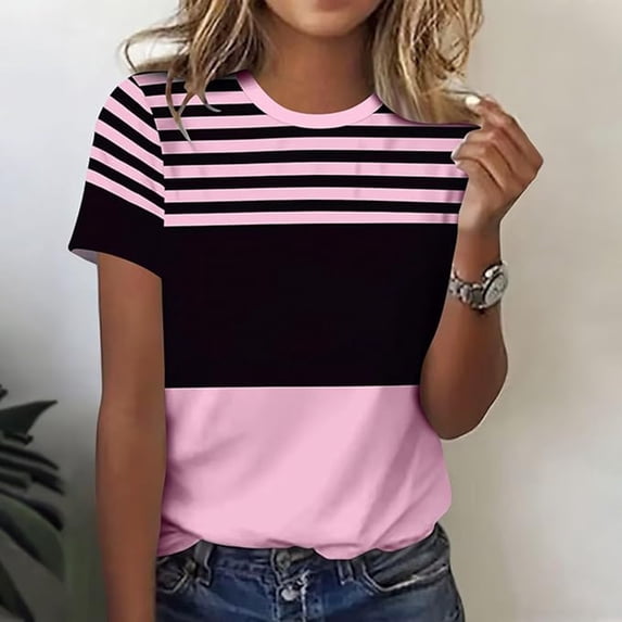 Graphic Tees for Women T-Shirts Casual Striped Top for Summer with Round Neck and Short Sleeves for Everyday Wear Pink M