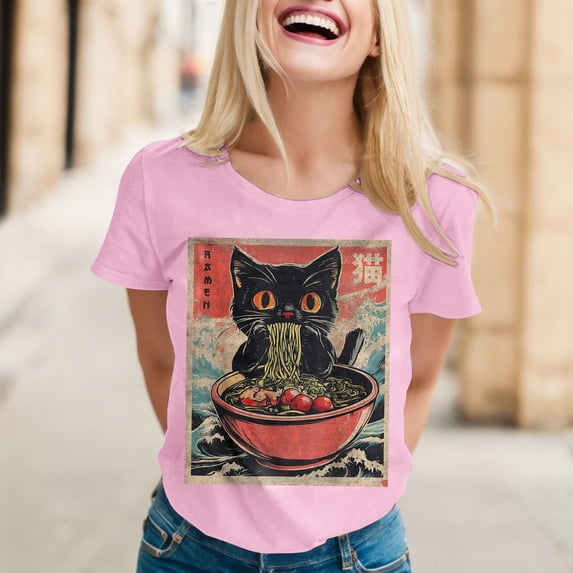 Graphic Tennis Tees for Women T-Shirts Cat Ramen Graphic Tee for Women Anime Top Casual Crewneck Shirt Lightweight Everyday Wear Pink L