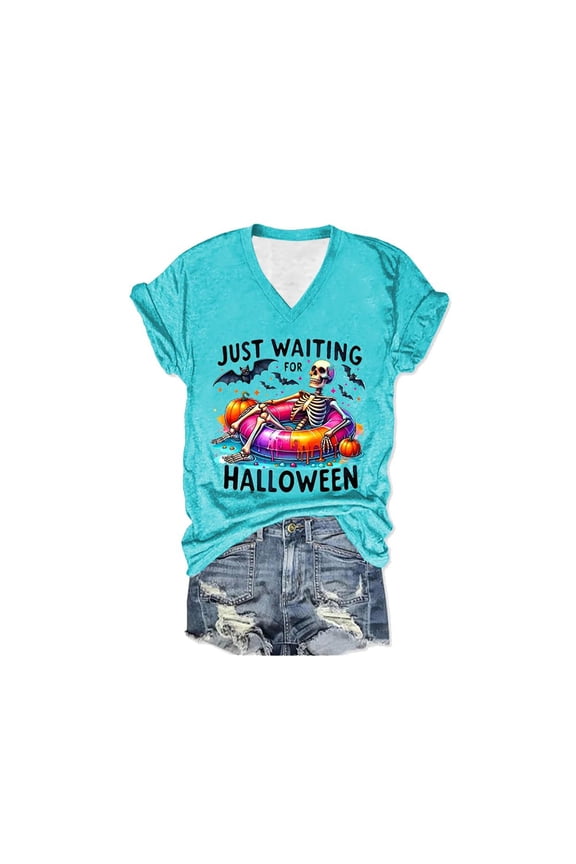 Graphic Tees for Women T-Shirts Just Waiting For Halloween Skeleton Graphic Tee for Women – Funny Halloween Tee Shirt Dress Casual Top Blue S