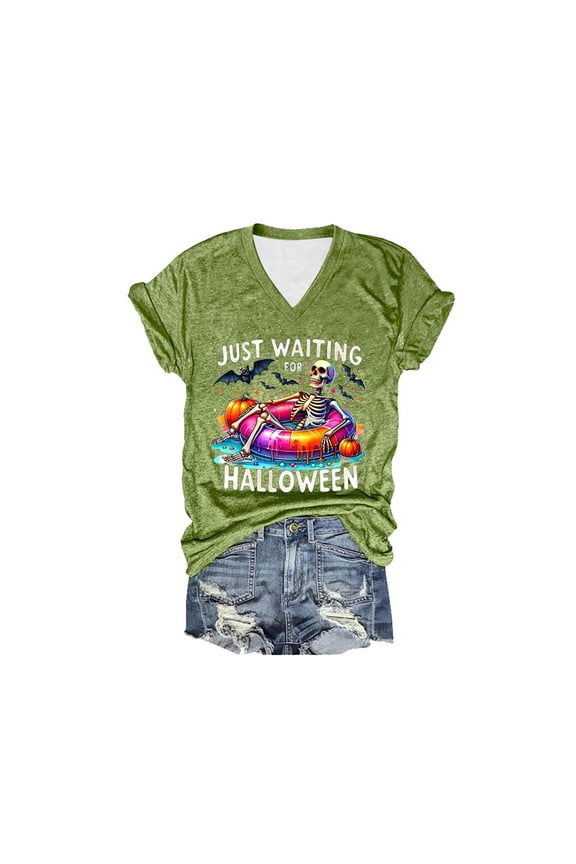 Graphic Tees for Women T-Shirts Just Waiting For Halloween Skeleton Graphic Tee for Women – Funny Halloween Tee Shirt Dress Casual Top Green S
