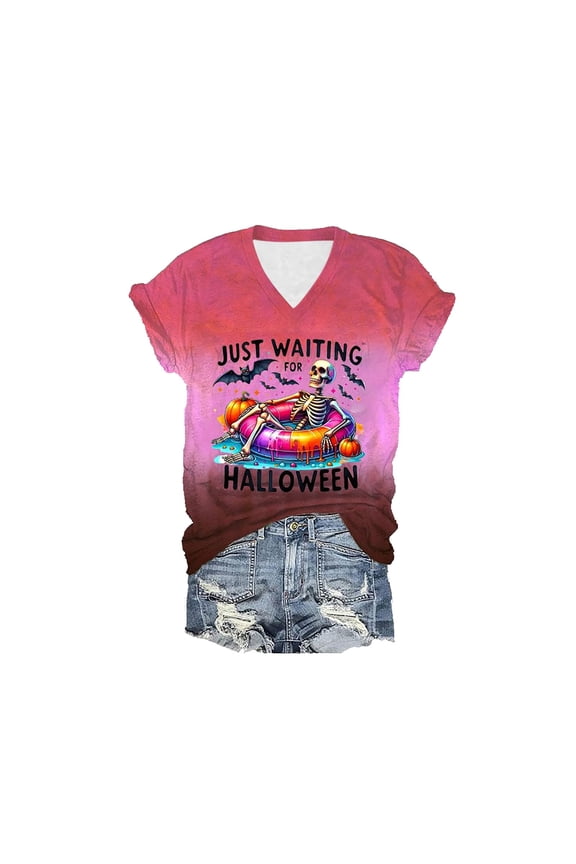 Graphic Tees for Women T-Shirts Just Waiting For Halloween Skeleton Graphic Tee for Women Red XXL