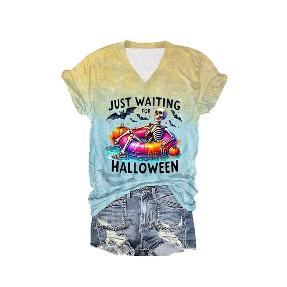 Graphic Tees for Women T-Shirts Just Waiting For Halloween Skeleton Graphic Tee for Women Yellow M