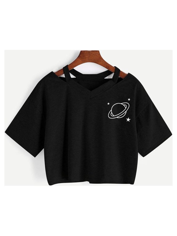 Graphic Tees for Women T-Shirts Lightweight Summer Crop Tops for Casual Wear with Printed Planet Pattern Short Sleeves Blouse-Style Tank Top Black S