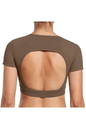 Graphic Tees for Women T-Shirts Open Back Removable Pads Workout Tee Top for Backless Style and Support Brown XL