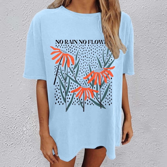 Graphic Tees for Women T-Shirts Oversized Graphic Print Shirts for Women – Casual Tops Tee with Artwork Blue M