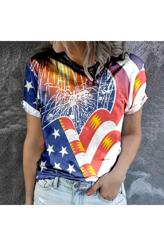 Graphic Tees for Women T-Shirts Patriotic USA Independence Day Short Sleeve Round Neck Logo Tee for Women Loose Fit Top with Flag Print Multicolor L