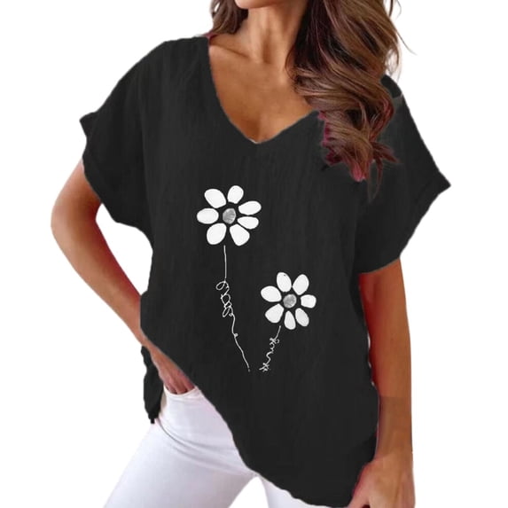 Graphic Tees for Women T-Shirts Printed V Neck Casual Bat Short Sleeve Tee for Women with Stylish Everyday Comfort Black S