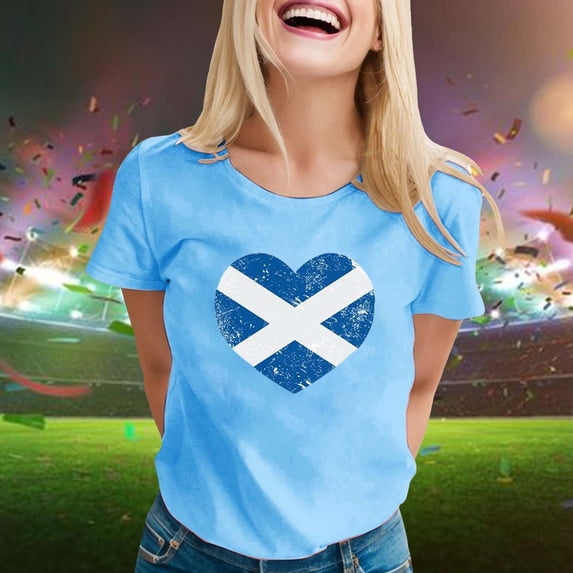 Graphic Tees for Women T-Shirts Scottish Flag Print Short Sleeve Crew Neck Tee Top for Women Casual Fashion and Patriotic Scotland Apparel Blue L