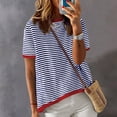 thumbnail image 1 of Graphic Tees for Women T-Shirts Summer Tops Casual Crewneck Short Sleeve Striped Knitted T Shirt Blue M, 1 of 5