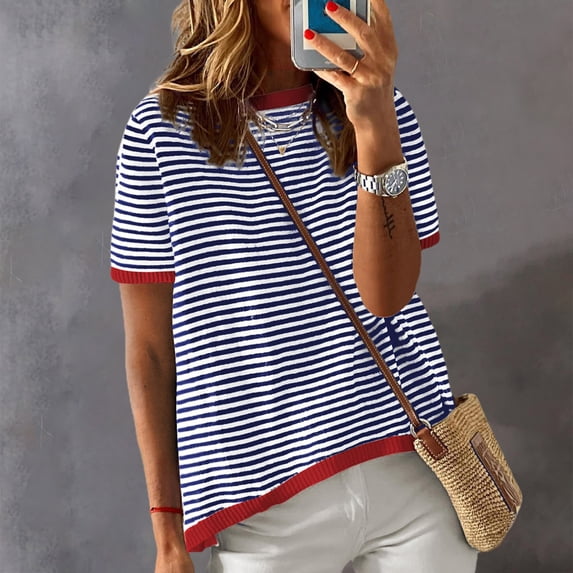 Graphic Tees for Women T-Shirts Summer Tops Casual Crewneck Short Sleeve Striped Knitted T Shirt Blue M
