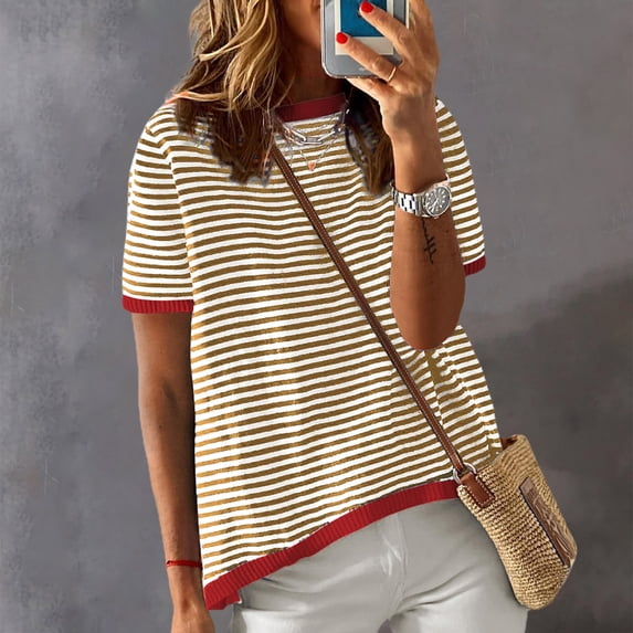 Graphic Tees for Women T-Shirts Summer Tops Casual Crewneck Short Sleeve Striped Knitted T Shirt Bronze XL