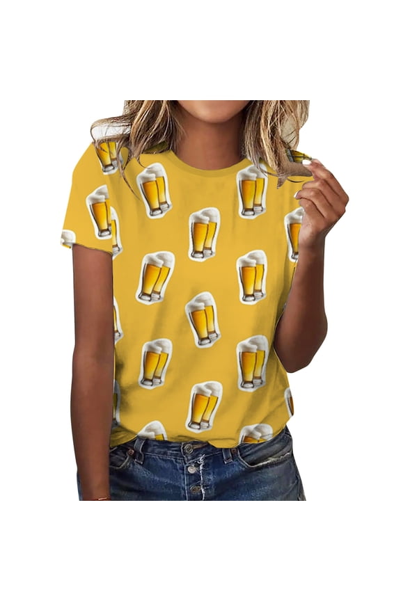 Graphic Tennis Tees for Women T-Shirts T German Oktoberfest Bavarian National Dress Print Casual Loose Round Neck Short Sleeve Tee for Women Yellow M