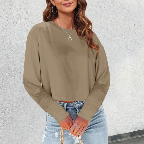 Graphic Tees for Women T-Shirts T Women Fashion Casual Solid Round Neck Long Sleeve Crop T Shirt Top Brown XXL