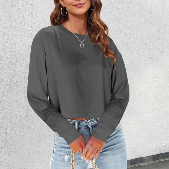 Graphic Tees for Women T-Shirts T Women Fashion Casual Solid Round Neck Long Sleeve Crop T Shirt Top Gray XL