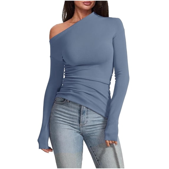 Graphic Tennis Tees for Women T-Shirts Women's Neckline Fashion Solid Color Off The Shoulder Long Sleeve T Shirt Blue S