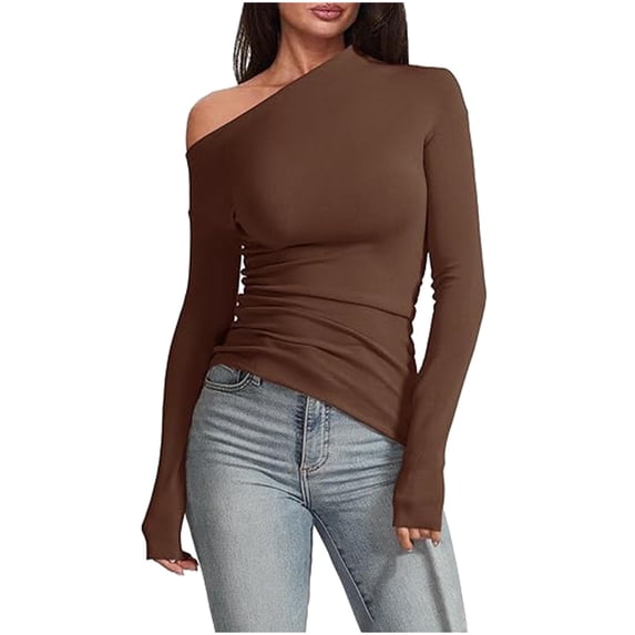 Graphic Tees for Women T-Shirts Women's Neckline Fashion Solid Color Off The Shoulder Long Sleeve T Shirt Brown L