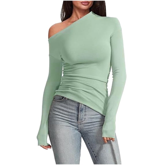 Graphic Tennis Tees for Women T-Shirts Women's Neckline Fashion Solid Color Off The Shoulder Long Sleeve T Shirt Green XS