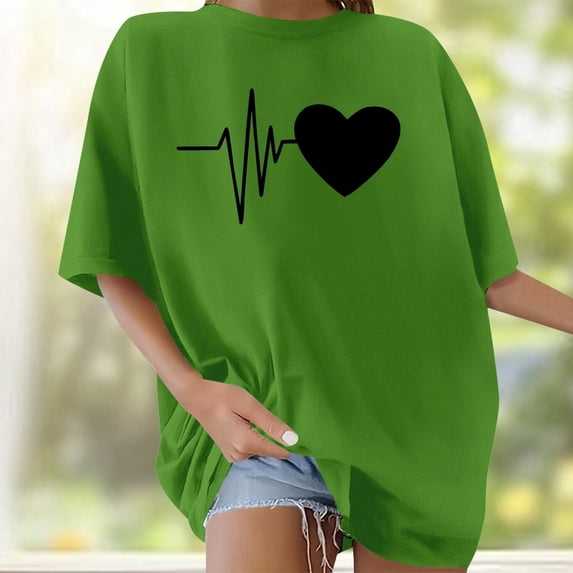 Graphic Tees for Women T-Shirts Women's Oversized Heartbeat Print Short Sleeve Round Neck Casual Tee for Women Daily Comfort Fit Graphic Top Green L