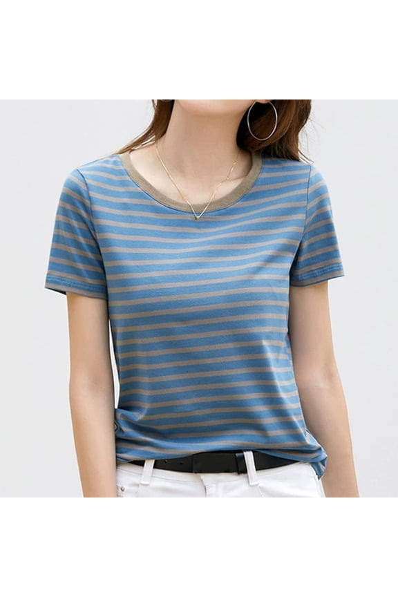 Graphic Tees for Women T-Shirts Women's Striped Top Korean Style Full Loose Round Neck Short Sleeve Designed with Color Contrast T Shirt Blue M