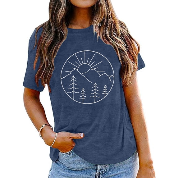 Graphic Tennis Tees for Women T-Shirts Women's Summer Print Comfortable Fashionable Fit Colored Top Short Sleeved T Shirt Blue M