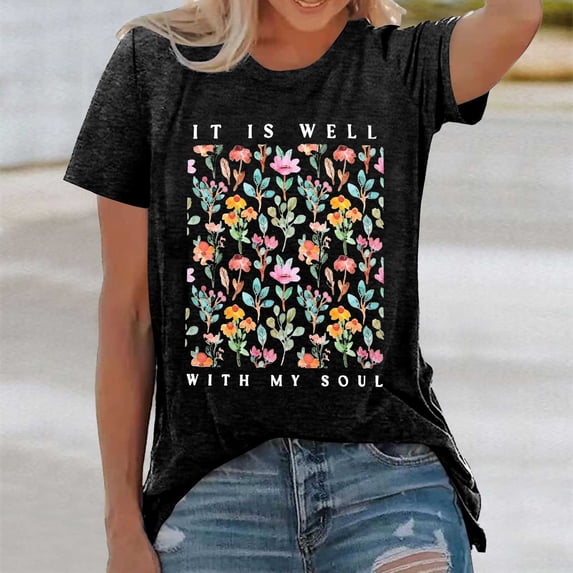 Graphic Tennis Tees for Women T-Shirts for Women Casual Crew Neck Top with Print Design in Summer Short Sleeve Loose Fit for Everyday Wear Black XL