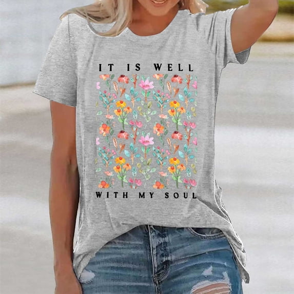 Graphic Tennis Tees for Women T-Shirts for Women Casual Crew Neck Top with Print Design in Summer Short Sleeve Loose Fit for Everyday Wear Gray 3XL