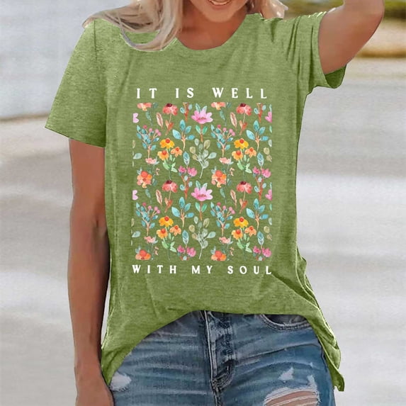 Graphic Tennis Tees for Women T-Shirts for Women Casual Crew Neck Top with Print Design in Summer Short Sleeve Loose Fit for Everyday Wear Green M