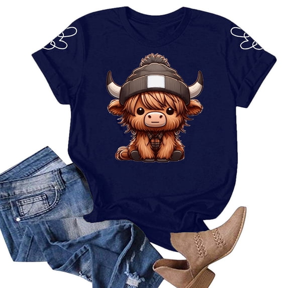 Graphic Tees for Women T-Shirts for Women Casual Farm Life Cow Print Tee with Short Sleeves Cute Animal Pattern Top for Everyday Wear Blue S