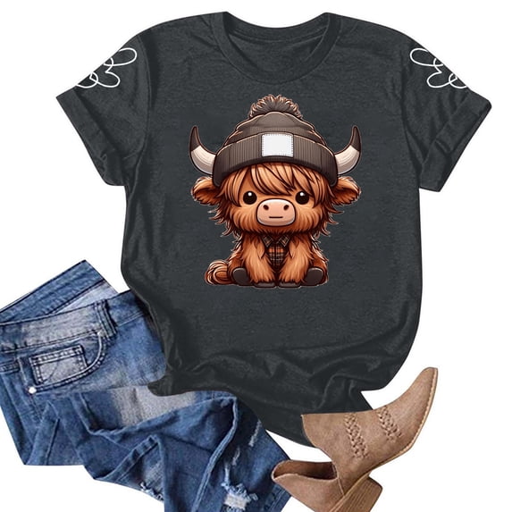 Graphic Tees for Women T-Shirts for Women Casual Farm Life Cow Print Tee with Short Sleeves Cute Animal Pattern Top for Everyday Wear Gray XL