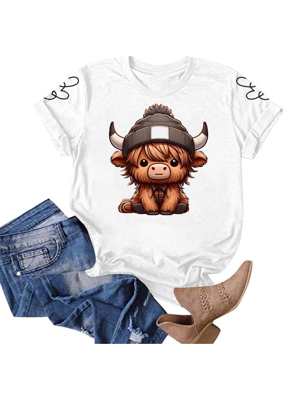 Graphic Tees for Women T-Shirts for Women Casual Farm Life Cow Print Tee with Short Sleeves Cute Animal Pattern Top for Everyday Wear White XXL