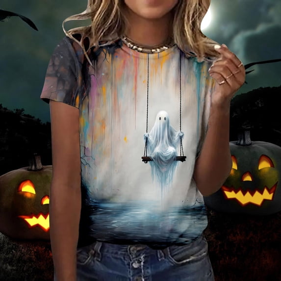 Graphic Tennis Tees for Women T-Shirts for Women Halloween-Themed Print Short Sleeve Crew Neck Top as Seasonal Everyday Wear White L