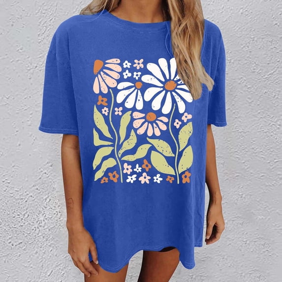 Graphic Tees for Women T-Shirts for Women Oversized Graphic Shirt with Casual Comfort and Print Apparel Blue S