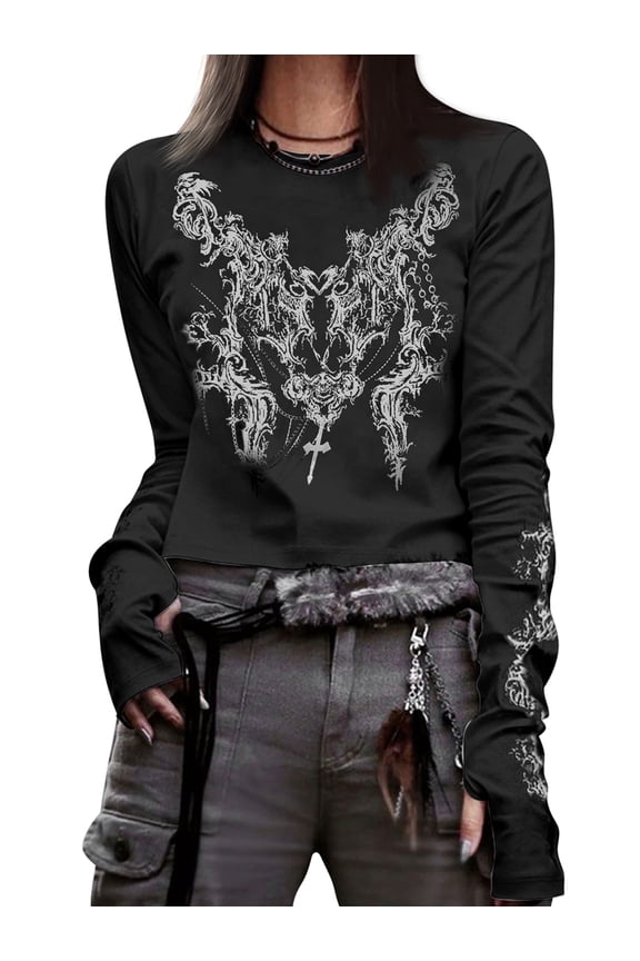 Graphic Tees for Women Teen Girls Aesthetic Grunge Gothic Clothes Y2k Shirt Knit Basic Long Sleeve Top Fall Black M