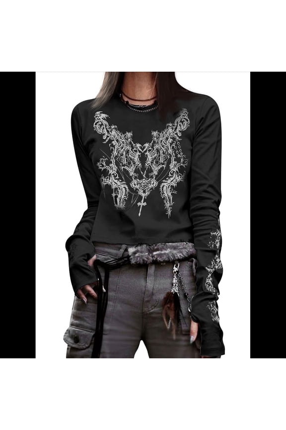 Graphic Tees for Women Teen Girls Aesthetic Grunge Gothic Clothes Y2k Shirt Knit Basic Long Sleeve Top Fall Black S