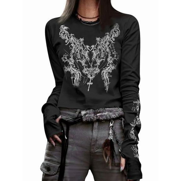 Graphic Tees for Women Teen Girls Aesthetic Grunge Gothic Clothes Y2k Shirt Knit Basic Long Sleeve Top Fall Black XS