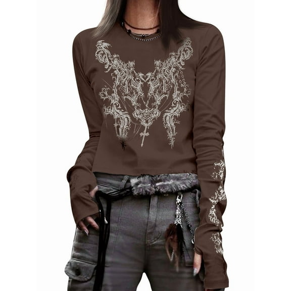 Graphic Tees for Women Teen Girls Aesthetic Grunge Gothic Clothes Y2k Shirt Knit Basic Long Sleeve Top Fall Coffee M