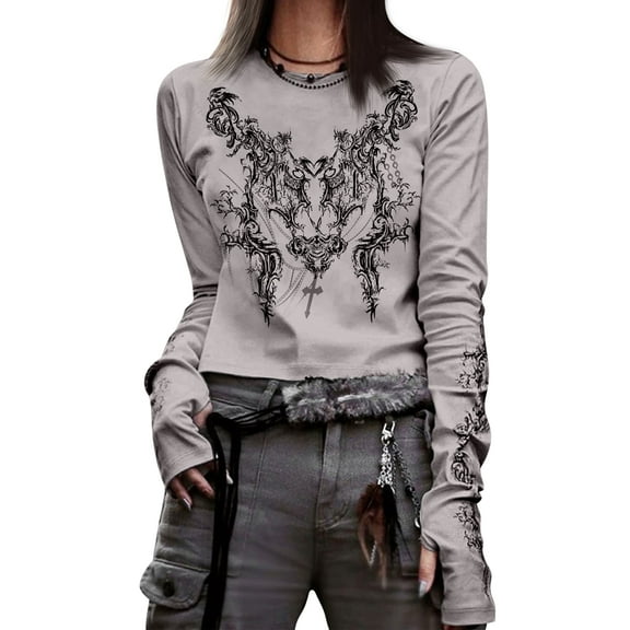 Graphic Tees for Women Teen Girls Aesthetic Grunge Gothic Clothes Y2k Shirt Knit Basic Long Sleeve Top Fall Grey L