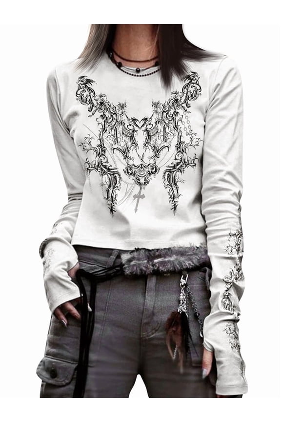Graphic Tees for Women Teen Girls Aesthetic Grunge Gothic Clothes Y2k Shirt Knit Basic Long Sleeve Top Fall White XL